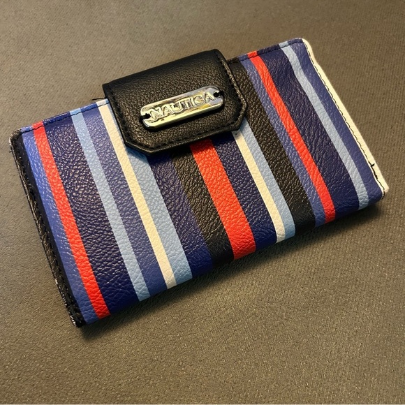 Nautica Striped White Blue Black and Red Wallet with RFID Protection - Picture 1 of 4